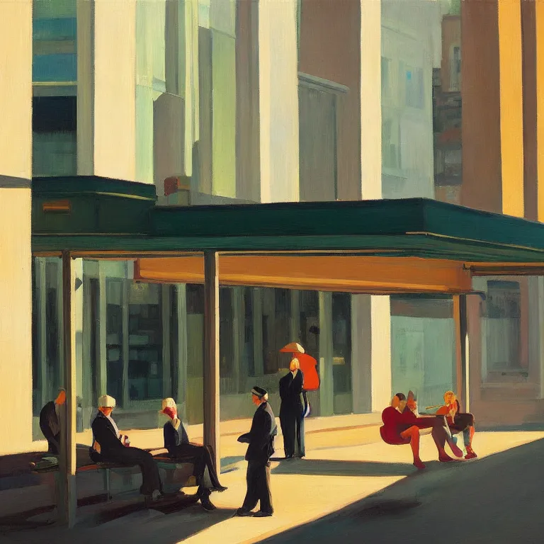 Image similar to a few people waiting at a bus stop in a quiet downtown, painted by Edward Hopper and James Gilleard, oil painting