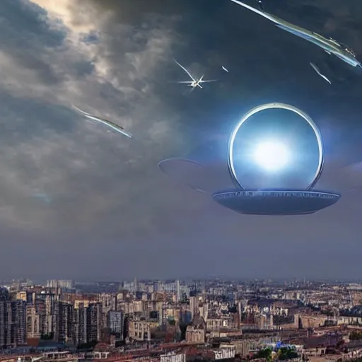 Prompt: an alien starship appearing in the sky over a city. the starship's design is very different from what humans expect. highly realistic photograph