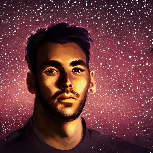 Image similar to man portrait surrounded by fireflies, artstation