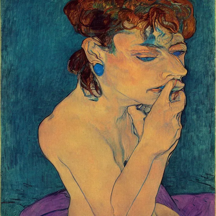 Image similar to portrait of a woman with wild exoticiris. indigo blue, turquoise. henri de toulouse - lautrec, egon schiele, gauguin, kathe kollwitz