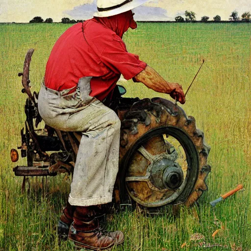 Image similar to high quality high detail painting by norman rockwell, hd, old man on tractor, big eyes, muted pastel colors, photorealistic lighting