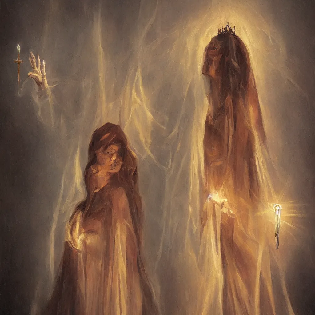 Prompt: An oil painting of a Queen with a transparent body in a church with holy light emanating from her lungs, Dark Fantasy, dark Soul, elden ring, 8k