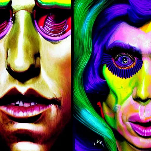 Image similar to an extremely psychedelic portrait of willy wonka as lady gaga, surreal, lsd, face, detailed, intricate, elegant, lithe, highly detailed, digital painting, artstation, concept art, smooth, sharp focus, illustration,