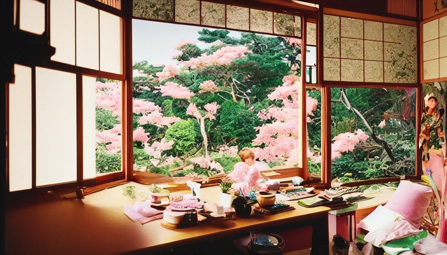 Image similar to 1 9 9 0 s candid 3 5 mm photo of a beautiful day in the a dreamy japanese flowery cottage designed by gucci, cinematic lighting, cinematic look, golden hour, a desk for flower arrangements and journaling has sun shinning on it through a window, temple in the distance, photographed by petra collins, uhd