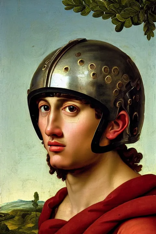 Prompt: renaissance painting of young man in the roman armour wears roman helmet, closeup, face closeup, emotions closeup, dressed in roman armour, the beautiful garden with juniper everywhere, ultra detailed, art by guido reni style, vincenzo catena style
