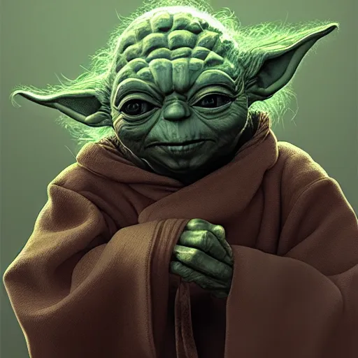 Image similar to middle-aged yoda floating, au naturel, hyper detailed, digital art, trending on artstation, cinematic lighting, studio quality, smooth render, unreal engine 5 rendered, octane rendered, art style by klimt and nixeu and ian sprigger and wlop and krenz cushart