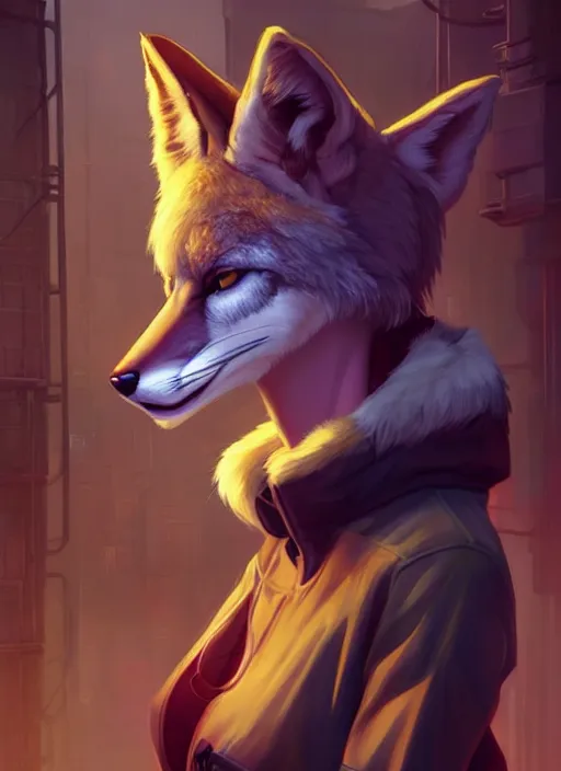 Prompt: beautiful portrait of a sexy female anthro coyote fursona with a fur-covered body wearing mechanic clothes in a cyberpunk industrial city. character design by charlie bowater, ross tran, artgerm, and makoto shinkai, detailed, soft lighting, rendered in octane