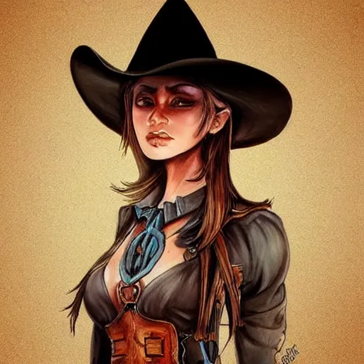 Image similar to beautiful cowboy witch, wild west, concept art, colored pencil drawing, trending on artstation