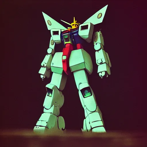 Prompt: “A wide shot of a gigantic Gundam, dreamcore aesthetic, taken with a Pentax K1000, Expired Burned Film from 1930s, Softbox Lighting, 85mm Lens”