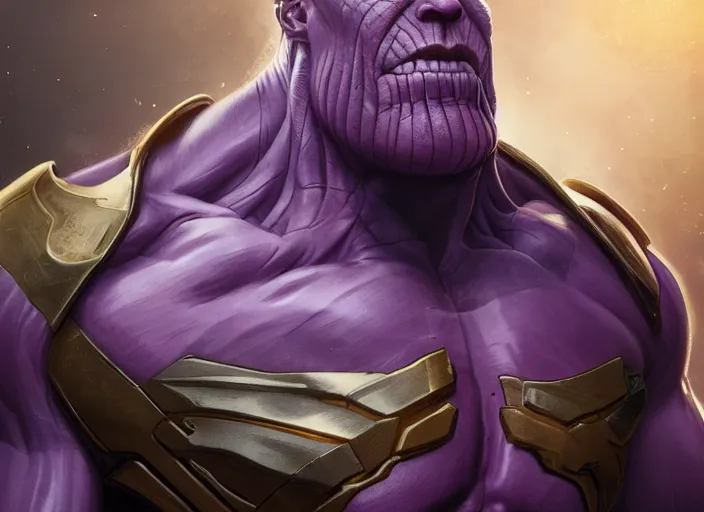 Image similar to thanos, au naturel, hyper detailed, digital art, trending in artstation, cinematic lighting, studio quality, smooth render, unreal engine 5 rendered, octane rendered, art style by klimt and nixeu and ian sprigger and wlop and krenz cushart