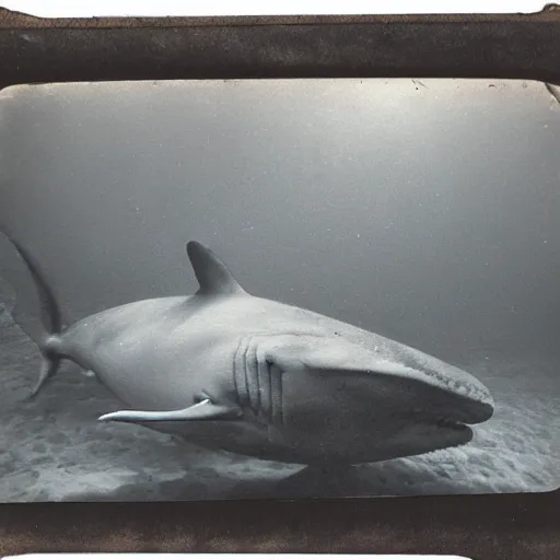 Image similar to underwater tintype photo of whale eating a shark