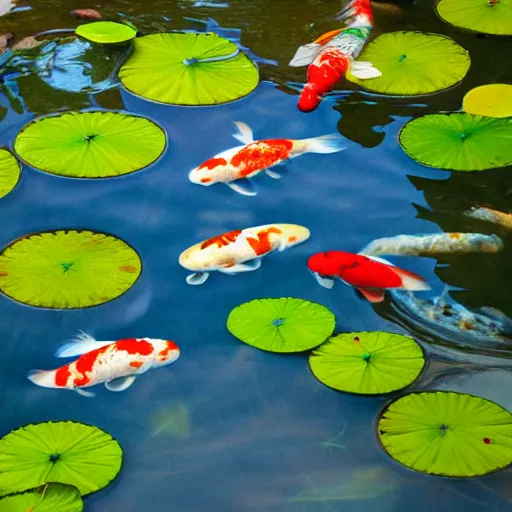 Image similar to seven koi fish in a pond with lily pads