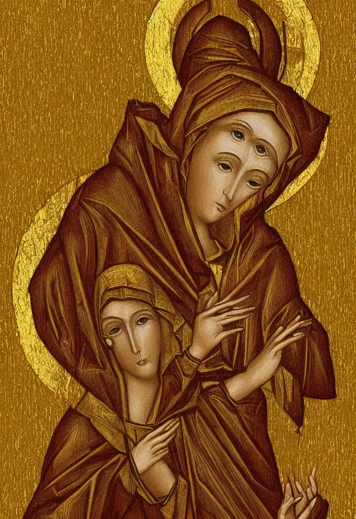 Image similar to saint mary reimagined as digital art by theophilia from deviantart, gold background, very detailed,