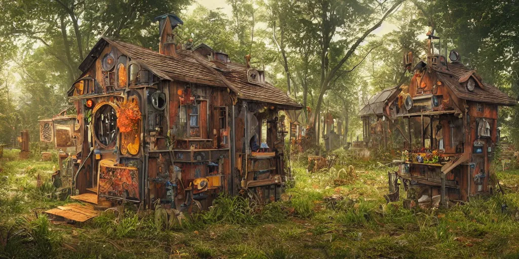 Prompt: steampunk wooden shack, overgrown, colorful, contrast, depth of field, 3 d scene, render, greg rutkowski, zabrocki, karlkka, jayison devadas, trending on artstation, 8 k, ultra wide angle, zenith view, pincushion lens effect