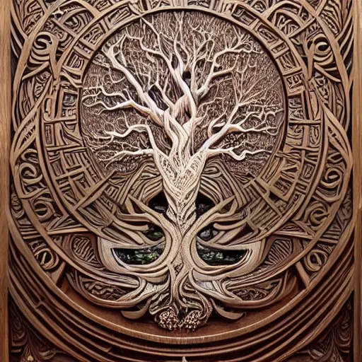 Image similar to wood relief carving of world tree, tree of life, yggdrasil, stygian, evil, shoggoth + exquisite, ornate, intricately carved, fractal, tarot, intricate details, art deco, hokusai, mohrbacher, alphonse mucha, photo realistic, redshift, spotlight