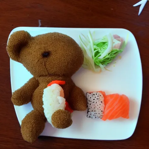 Image similar to teddy bear eating sushi