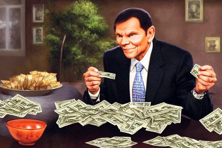 Image similar to kenneth copeland munching on money and dollar bills