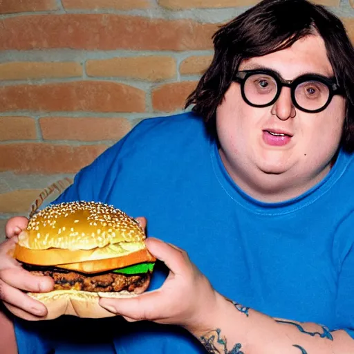 Image similar to andy milonakis eating a burger, 4 k, ultra high detail, photorealistic