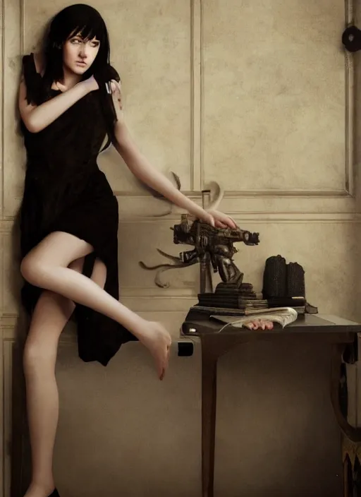 Prompt: a 1 4 year old girl eveline from resident evil 7 with straight long black hair wearing black dress that sitting on bathroom floor, photo for vogue, model エリサヘス s from acquamodels, art by artgem, greg rutkowski and alphonse mucha, render in re engine