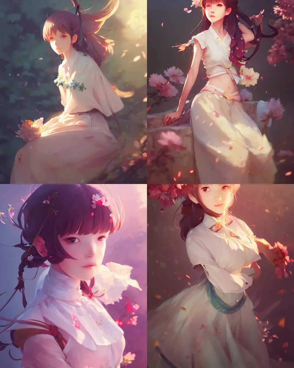 Prompt: a girl with ping skirt, flower decoration on the background, a beautiful half body illustration, top lighting, perfect shadow, soft painting, art by hidari and krenz cushart and wenjun lin