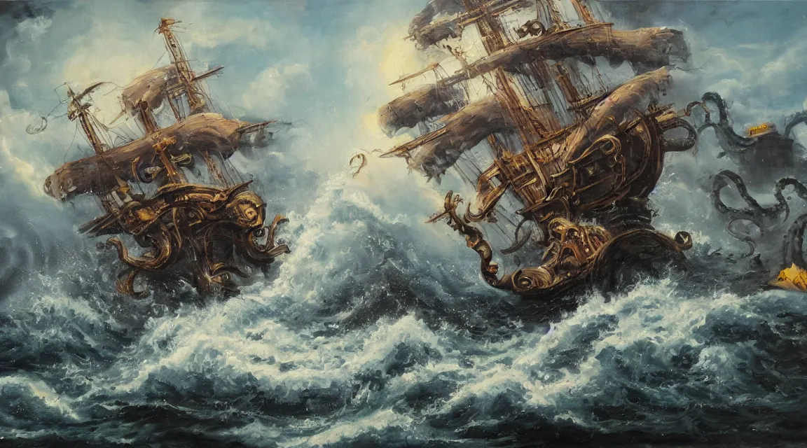 Image similar to oil painting of a kraken attacking a pirate ship