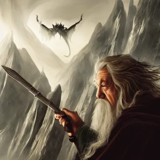 Image similar to Selfie taken by an overconfident Gandalf the Grey on the Bridge of Khazad Dum, a balrog looming in the background,