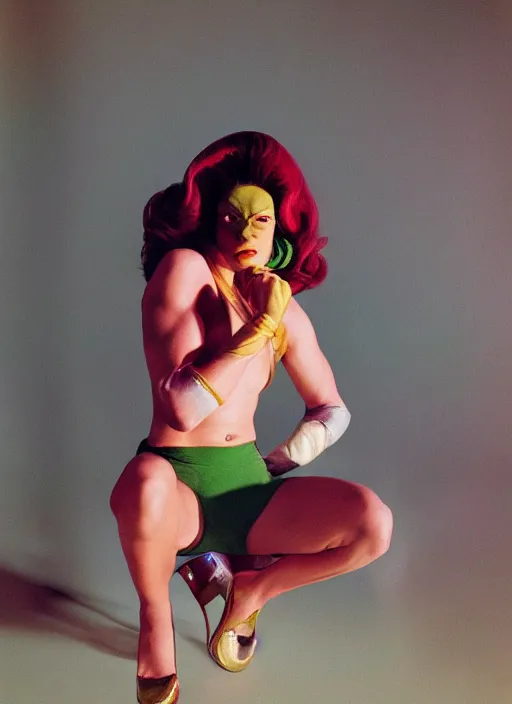 Image similar to a color photo portrait of she hulk in la wearing 6 0's fashion by tim walker, dramatic lighting, 7 5 mm lens, sharp focus.