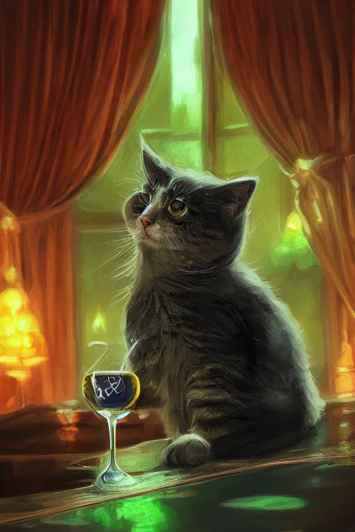 Prompt: a cute cat drinkng absinthe in Paris, vivid colors, high details, cinematic, 8k resolution, beautiful detailed, photorealistic, digital painting, artstation, concept art, smooth, sharp focus, illustration, fantasy background, artstation trending, octane render, unreal engine