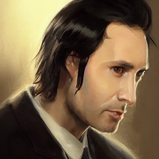 Image similar to portrait of a man by greg rutkowski, he is! about 3 0 years old, short black hair with bangs, his features are a mix between french, turkish and russian and he is wearing futuristic prosecutor suit, highly detailed portrait, digital painting, artstation, concept art, smooth, sharp foccus ilustration, artstation hq