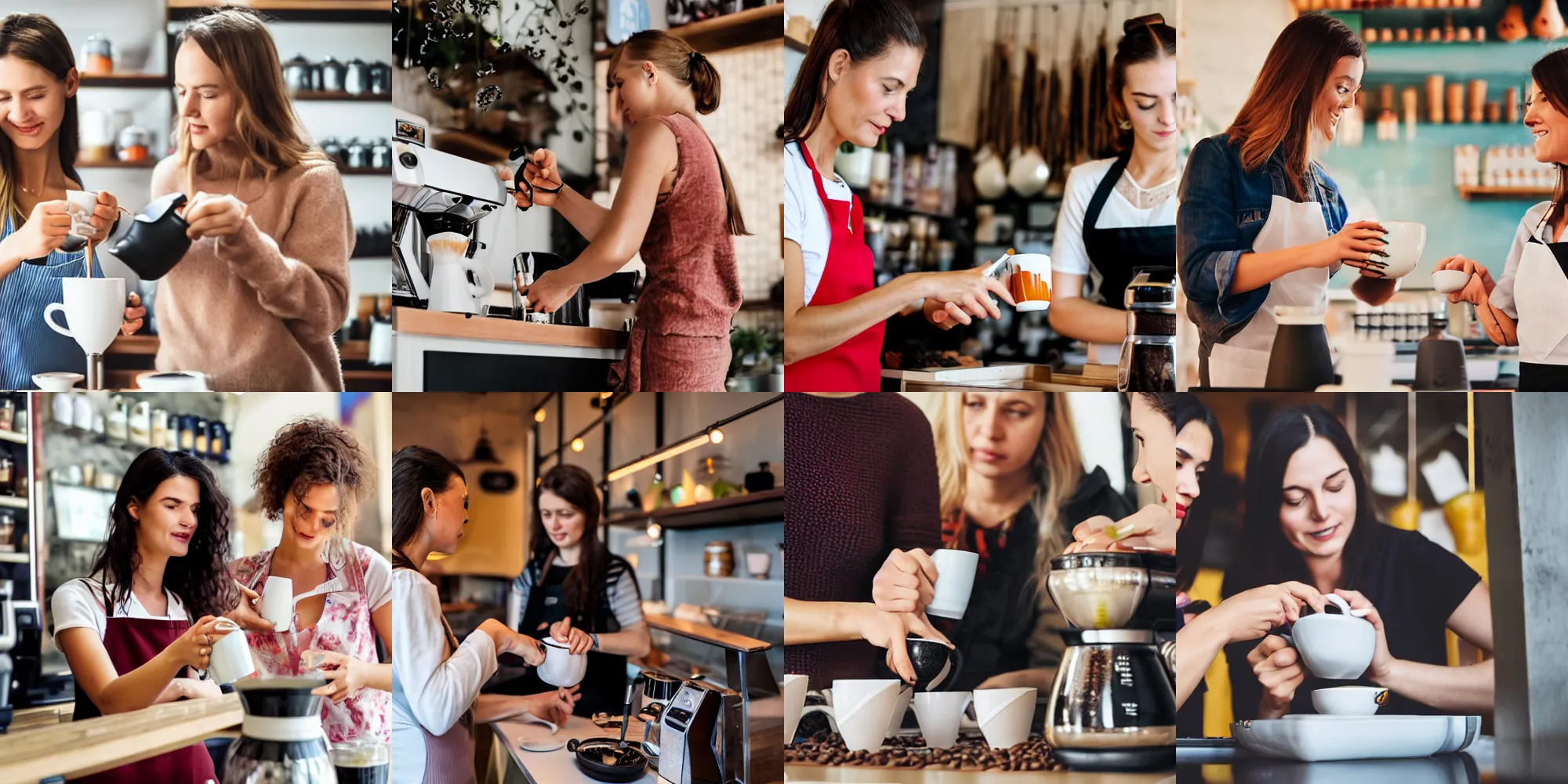 Prompt: professional close-up photo of two women creating a coffee in a shop, Ukraine. professional photo