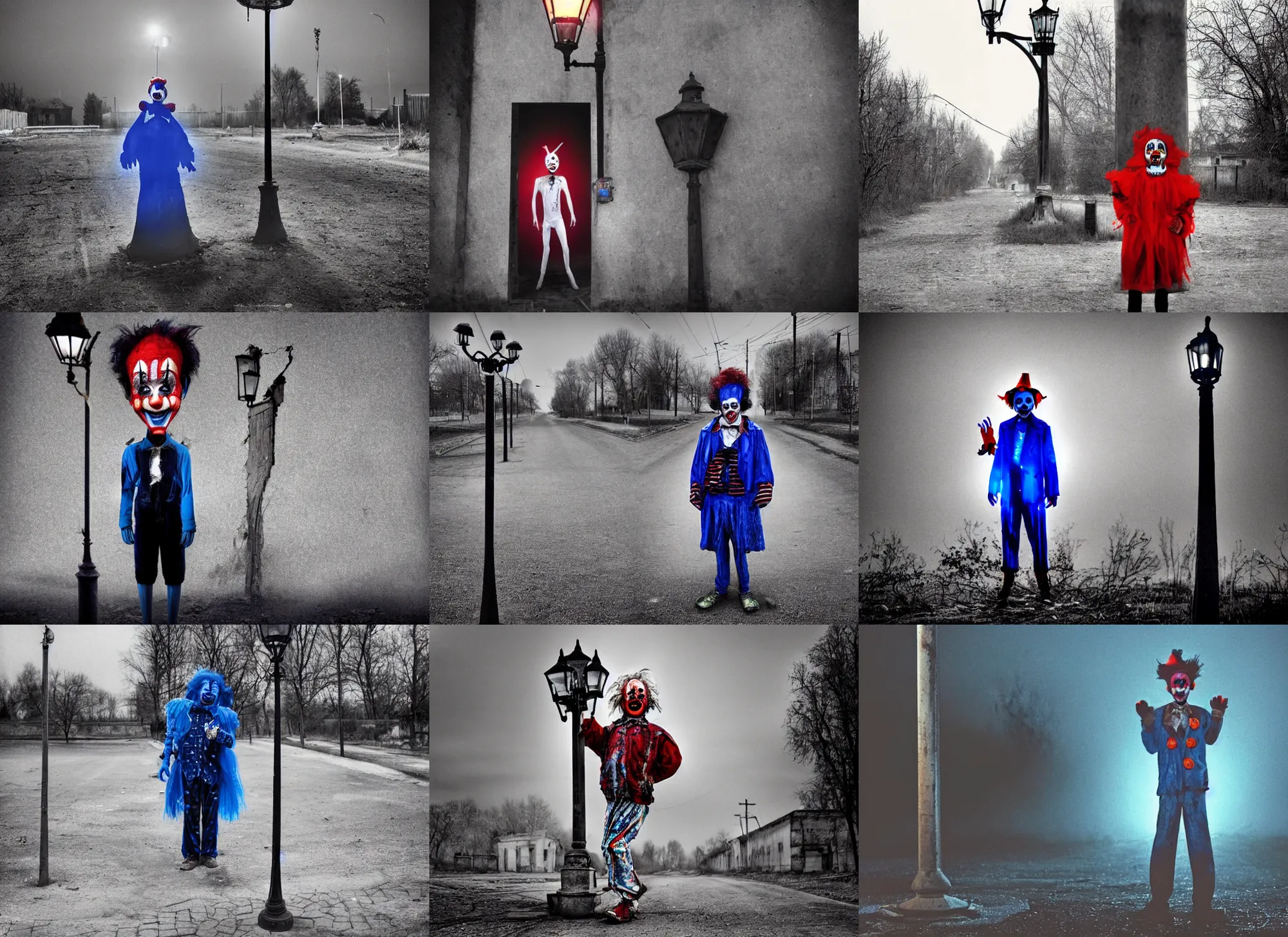 Prompt: a thin scary clown in torn clothes stands under a lamppost that shines a blue light on the clown, there is pitch darkness around the post, everything happens at night in an old Soviet village, the photo was taken from afar, the clown is far from the camera, a distorted photo, Colourful, Cinematic, filmic, 35mm, dark atmosphere, horror, scary, Wildlife photography, Polaroid, bad quality, distorted, Night, dark