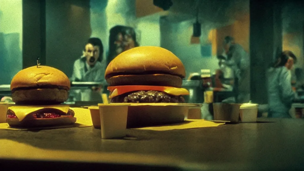 Image similar to the disdainful cheeseburger creature at the fast food place, film still from the movie directed by denis villeneuve and david cronenberg with art direction by salvador dali and zdzisław beksinski, wide lens