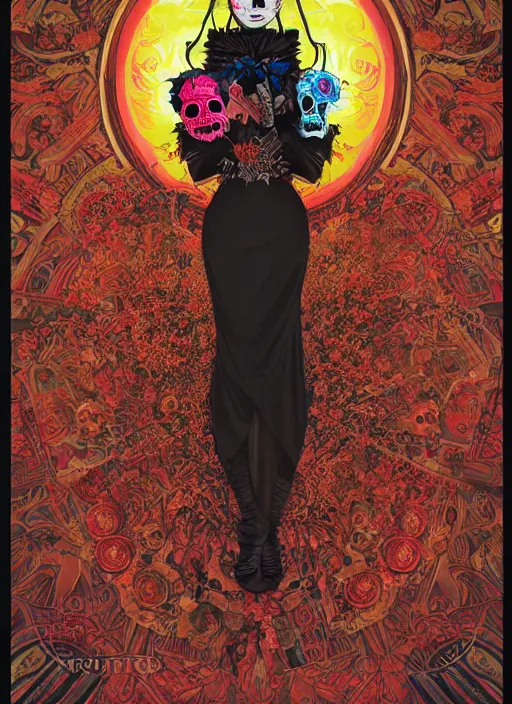 Prompt: cute punk goth fashion fractal Día de los Muertos girl posing by Zhang Jingna, poster art by Dan Mumford Kilian Eng Hannah Jeffrey Smith Rick Griffin Alphonse Mucha