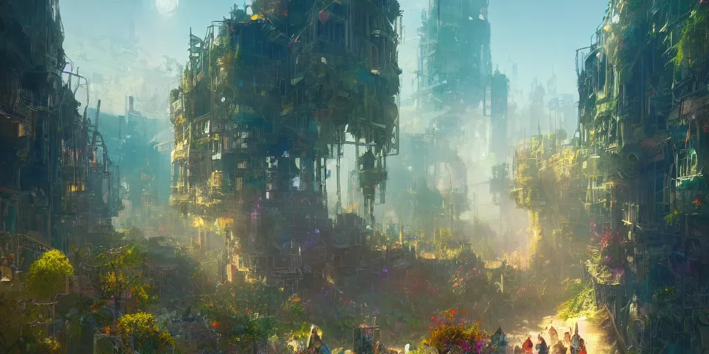 Image similar to a fantasy solarpunk 2 0 2 2 city, illustration by greg rutkowski, bright sunlight, sun glints, vivid and colorful trees and plants and flowers, digital art, 8 k, trending on artstation