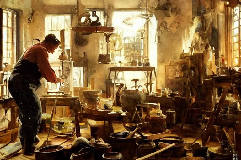 Image similar to oil painting of potter working on a beautiful piece in their workshop, art by anders zorn, wonderful masterpiece by greg rutkowski, beautiful cinematic light, american romanticism by greg manchess, jessica rossier and norman rockwell