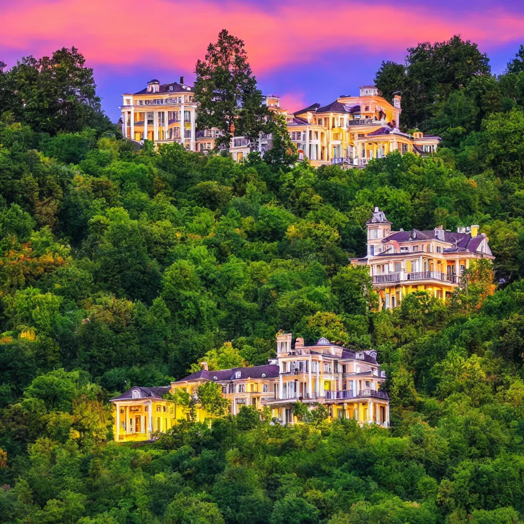 Prompt: big old mansion on a hill, in the evening, colorful