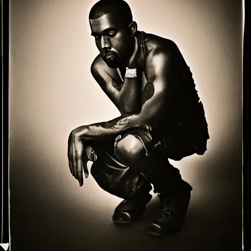 Image similar to a chiaroscuro lighting portrait of kanye west dressed as rick owens, black background, portrait by julia margaret cameron, shallow depth of field, 8 0 mm, f 1. 8