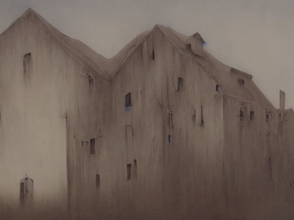 Prompt: a painting of a creepy house in the style of Zdzisław Beksiński