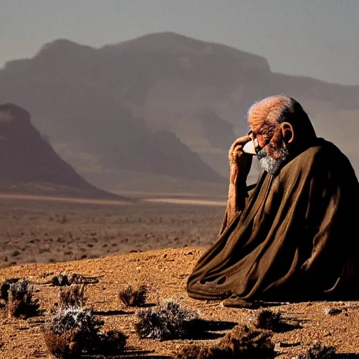 Prompt: award winning cinematic still portrait of distraught 85 year old Mediterranean skinned man in Ancient Canaanite clothing, crying with dark silhouette of a lamb on their face, beard, short hair, Just before sunrise. Desert mountain background. sad, depressed, lonely, Biblical epic directed by Steven Spielberg