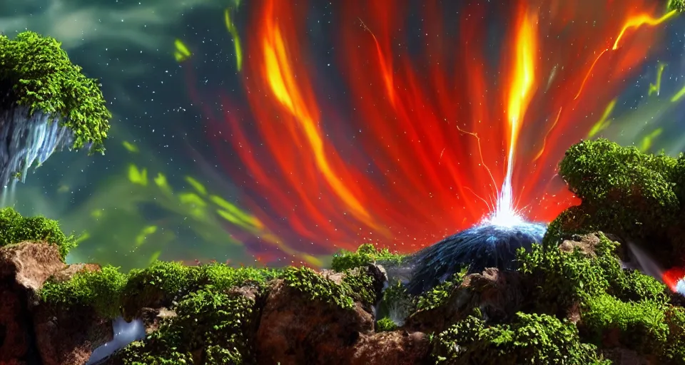 Image similar to plant of water crashing into a planet of fire, bright explosion