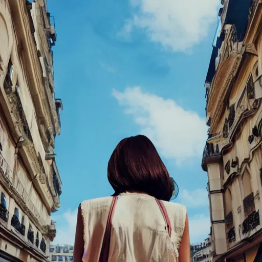 Prompt: giant flower head, woman walking in paris, surreal photography, symmetry, flat space, fanciful, stark colours, detailed, wes anderson