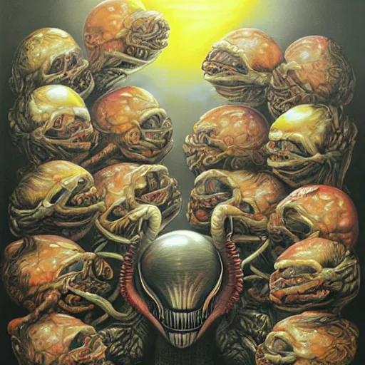 Xenomorph life cycle, eggfacehuggerdrone painting by Stable