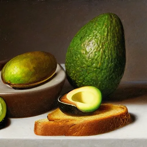 Image similar to still life by willem claesz heda, avocado toast, money