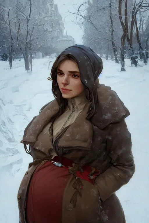 Prompt: portrait of a pregnant woman in the besieged Leningrad in winter, tears, suffering, digital painting, artstation, concept art, smooth, sharp focus, illustration, art by artgerm and greg rutkowski and alphonse mucha