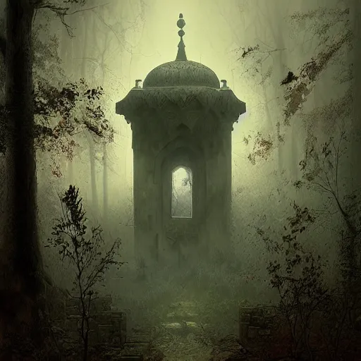 Prompt: abandoned Islamic temple in the woods, dark, moody, foggy by Marc Simonetti