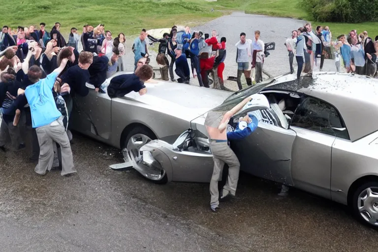 Image similar to Group of teenagers push Rolls-Royce into lake