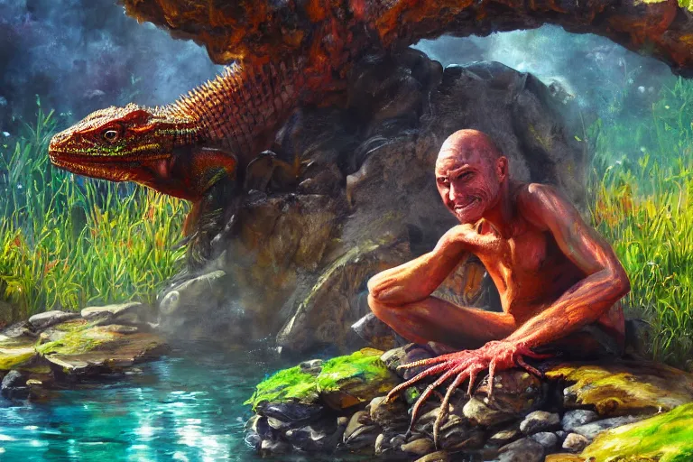 Image similar to highly detailed oil painting of a lizard man sitting in a steaming colorful hotspring stream, featured on artstation