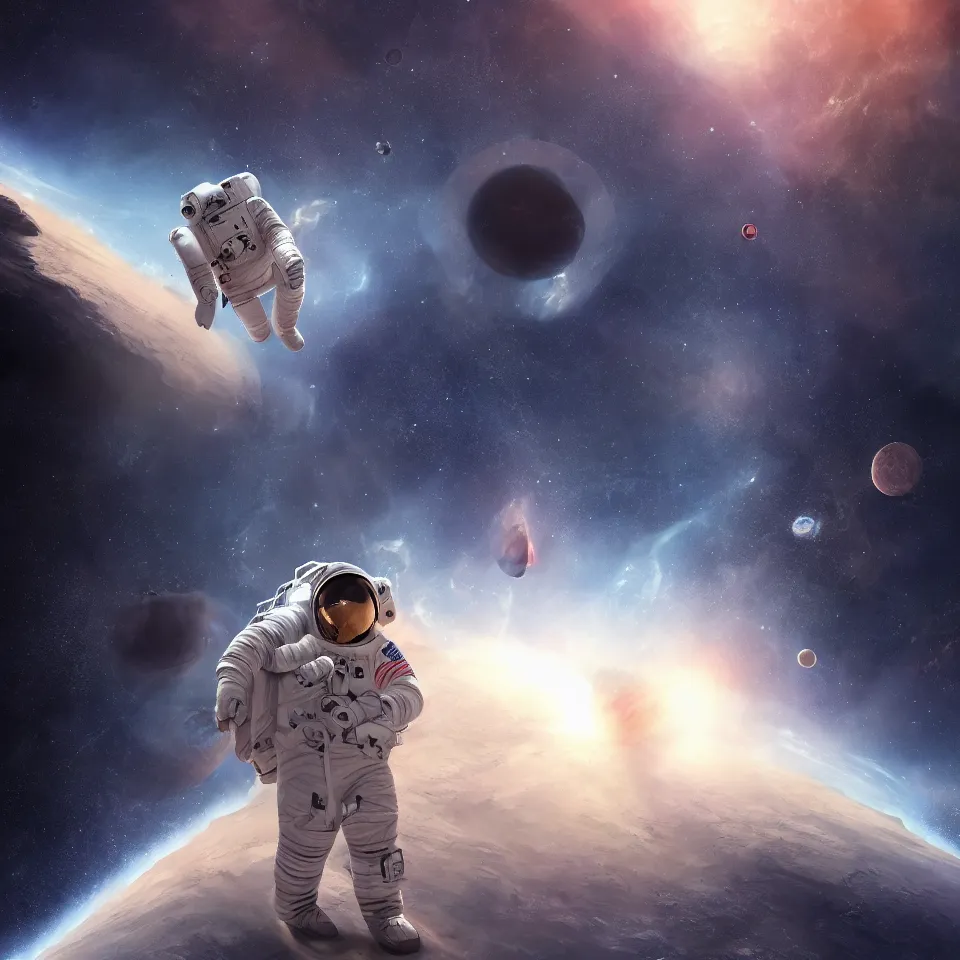 Image similar to astronaut on the edge of the world 🌎 planets and galaxy in the sky, digital art, concept art, fantasy art, highly detailed, HD wallpaper, artstation, Deviantart, abeyance