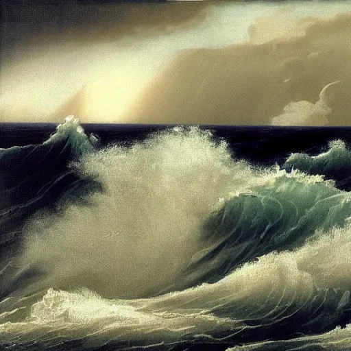 Image similar to A beautiful body art of a raging storm at sea, with huge waves crashing against the rocks. The sky is dark and ominous, and the sea is rough and choppy. Interstellar by Wilfredo Lam, by Jean-Léon Gérôme lively