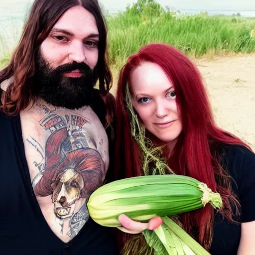 Prompt: photo of an attractive couple. The woman has long straight red hair. The man has a dark thick beard and tattoos. They are holding a giant corn. The corn has the face of a baby human.